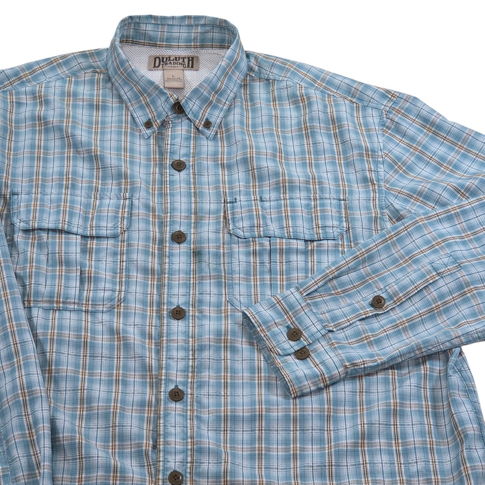 Duluth Trading Men's Large Fishing Shirt Blue Plaid Long Sleeve Button Up Vented